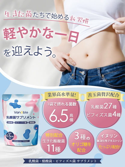 乳酸菌 サプリ 6.5兆個 酪酸菌 ビフィズス菌 オリゴ糖 食物繊維 イヌリン 菌活 耐酸性カプセル採用 国内製造 GMP認定工場 30日分60粒