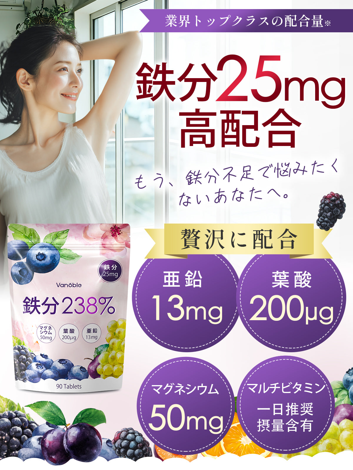 鉄分 サプリ 25mg 葉酸 ヘム鉄 亜鉛 マルチビタミン 乳酸菌 マグネシウム 女性 男性 GMP認定工場 無添加 90粒