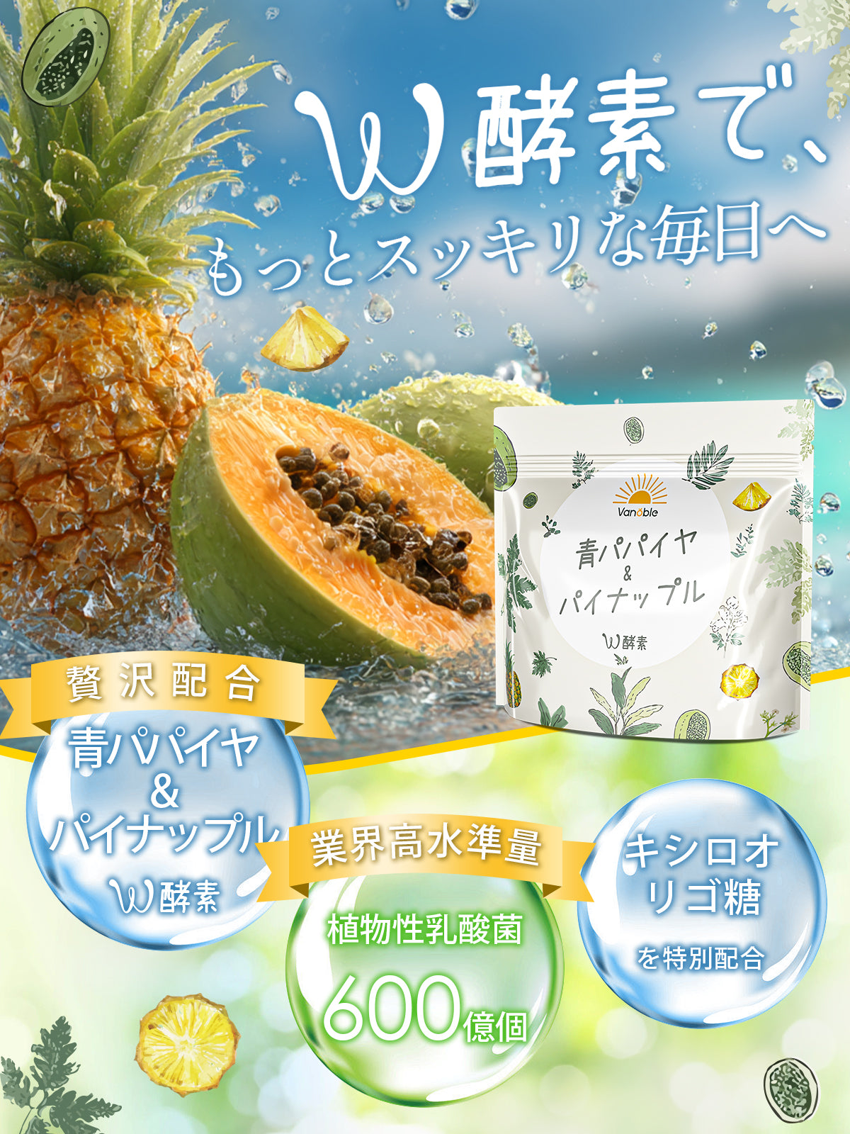 Geneiyo 青パパイヤ オリゴ糖 パイナップル 酵素 サプリメント 植物乳酸菌 600億個 GMP認定工場 パイナップル風味 粉末 90g（3g×30包）/ 1袋