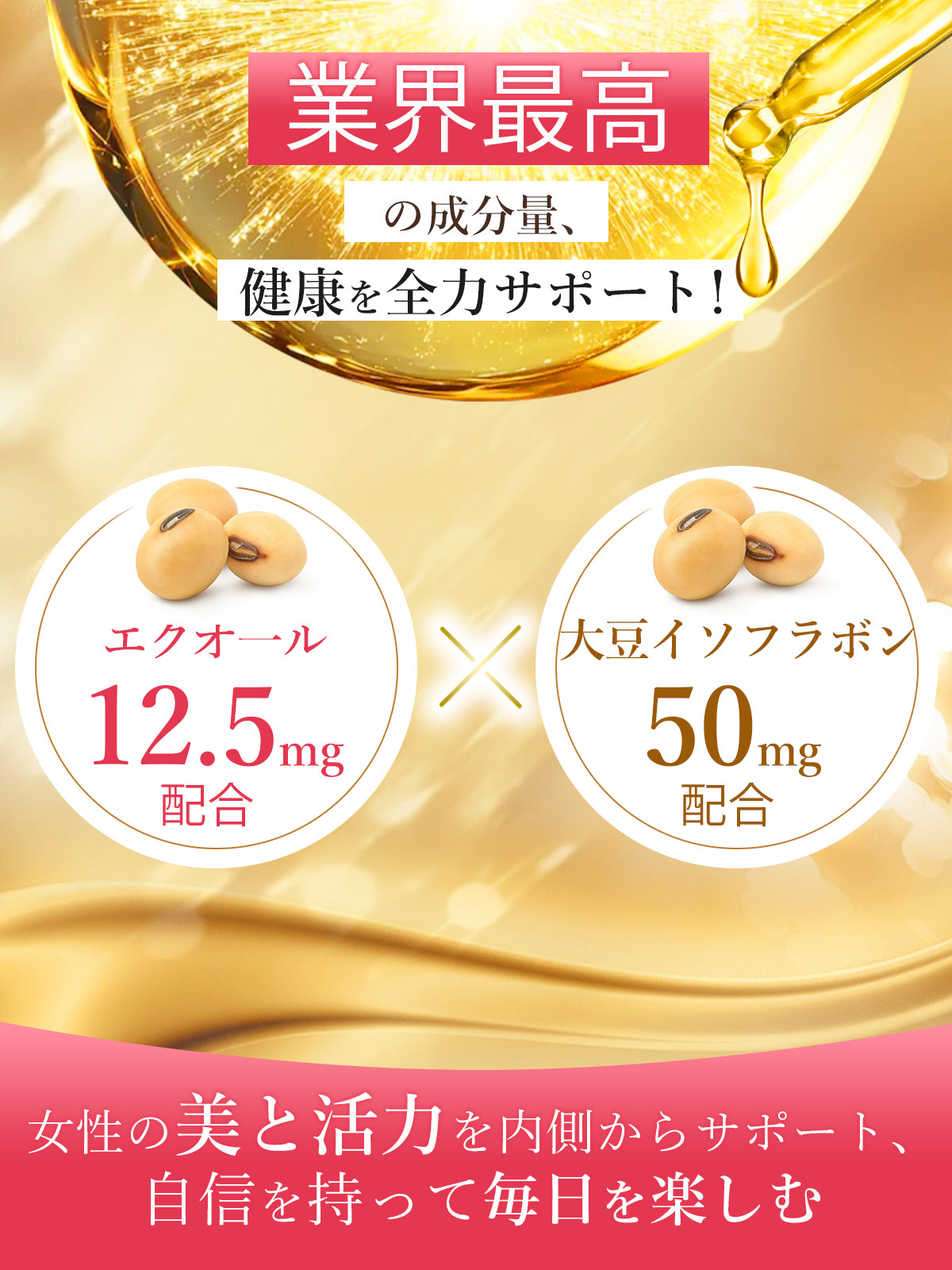Geneiyo 12.5mg エクオール 50mg 大豆イソフラボン グルコサミン イソフラボン 軟骨成分 日本製 ヒアルロン酸 ビタミンB群 コラーゲン 高麗人参 マカ 美容サポート GMP認定工場 60粒30日分