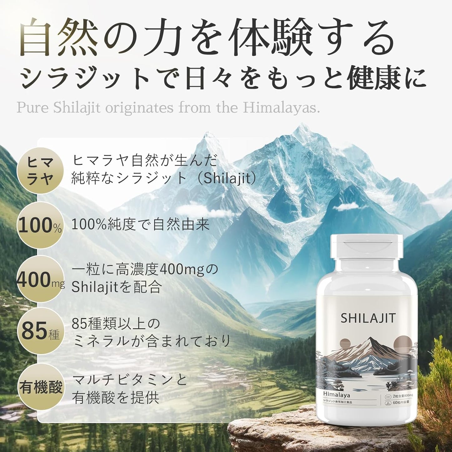 シラジット Shilajit サプリ（1粒に400㎎）高純度100％ 日本製 マルチビタミン フルボ酸 ミネラル 二酸化チタン不使用 無添加 国内GMP認定工場 カプセル 60粒 約30日分