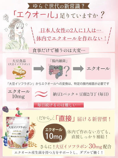 エクオール10mg 大豆イソフラボン 30mg サプリ ビタミンB12 ヒアルロン酸 マカ 高麗人参 GABA α-リポ酸 植物乳酸菌 美容サポート 60日分