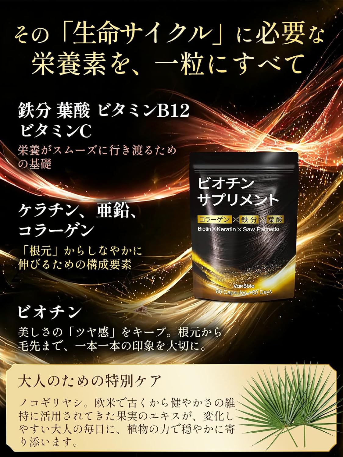 ビオチン 500μg ケラチン 100mg サプリメント ノコギリヤシ 鉄分 コラーゲン 葉酸 亜鉛 ビタミンC ビタミンB群 美容サポート 黒髪 GMP認定工場 60粒30日分