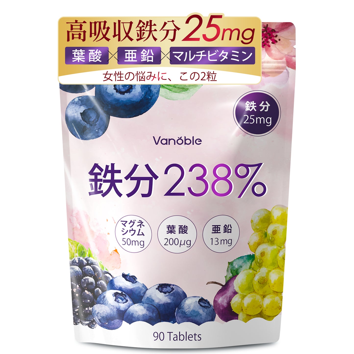 鉄分 サプリ 25mg 葉酸 ヘム鉄 亜鉛 マルチビタミン 乳酸菌 マグネシウム 女性 男性 GMP認定工場 無添加 90粒